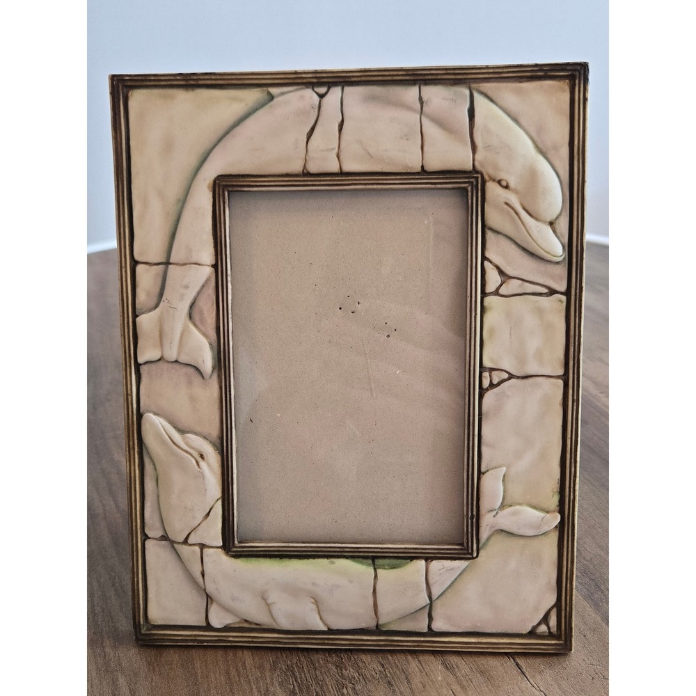 Vintage Dolphin Relief 3D Resin Picture Frame 4x6 Coastal Nautical Cream RARE
